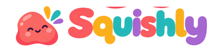 Squishly horisontaalne logo, pehme tegelane vasakul ja nimi kõrval